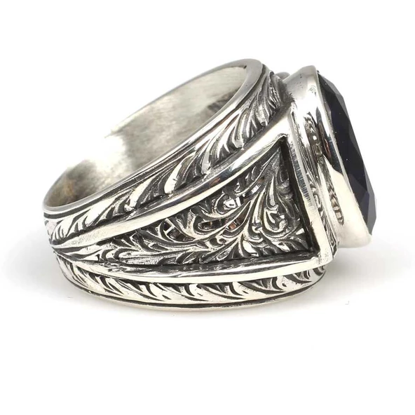 925 Ayar Gümüş Oval Safir Taşlı Kalemli Erkek Yüzüğü - Resim 3