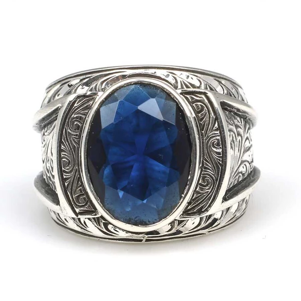 925 Ayar Gümüş Oval Safir Taşlı Kalemli Erkek Yüzüğü - Resim 4