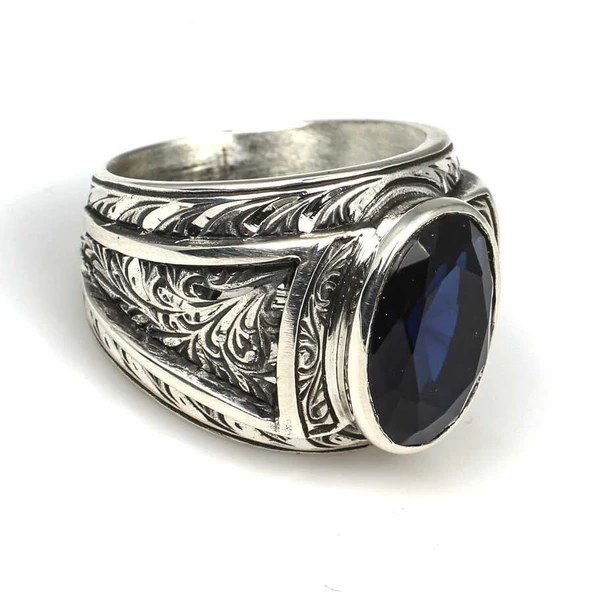925 Ayar Gümüş Oval Safir Taşlı Kalemli Erkek Yüzüğü - Resim 5