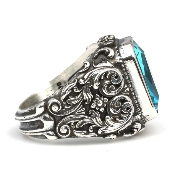 925 Ayar Gümüş Dikdörtgen Akuamarin Taşlı Erkek Yüzüğü - 4