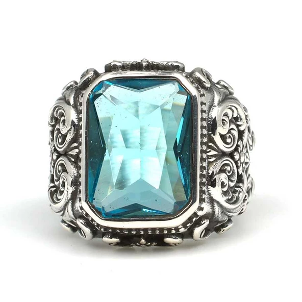 925 Ayar Gümüş Dikdörtgen Akuamarin Taşlı Erkek Yüzüğü - 5