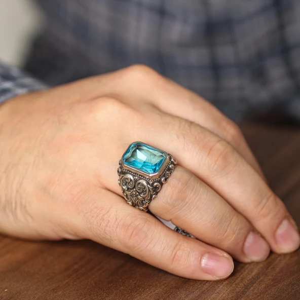 925 Ayar Gümüş Dikdörtgen Akuamarin Taşlı Erkek Yüzüğü
