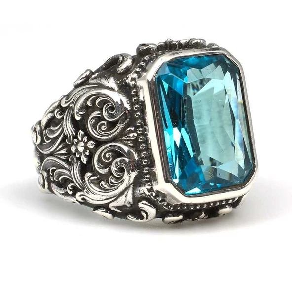 925 Ayar Gümüş Dikdörtgen Akuamarin Taşlı Erkek Yüzüğü - 3