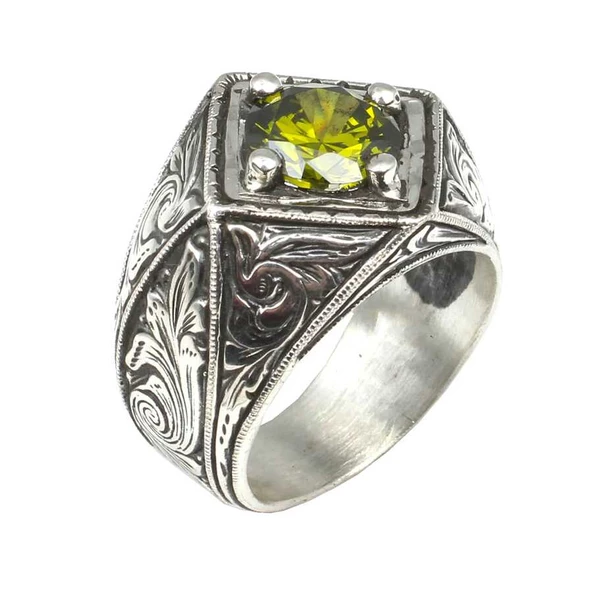 925 Ayar Gümüş Peridot Taşlı Çapraz Kare Yüzük - 2