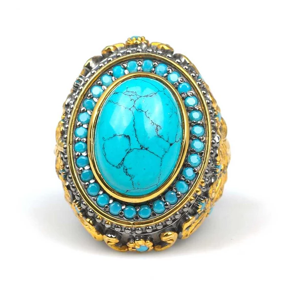 925 Ayar Gümüş Turkuaz Taşlı El Kalemli Altın Kaplama Erkek Yüzük - 3