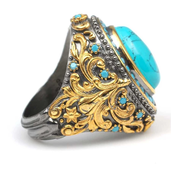 925 Ayar Gümüş Turkuaz Taşlı El Kalemli Altın Kaplama Erkek Yüzük - 2
