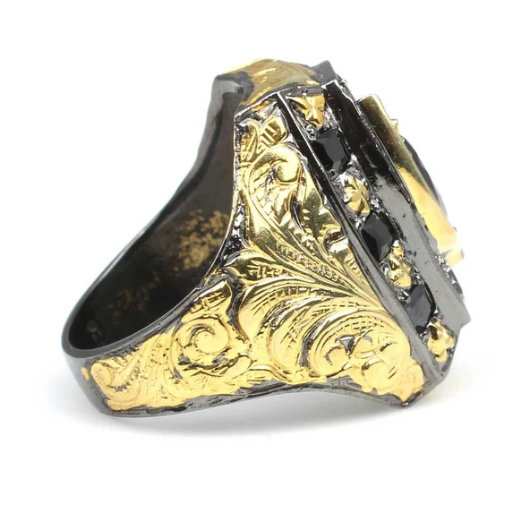925 Ayar Gümüş Oniks Taşlı El Kalemli Altın Kaplama Erkek Yüzük - 4
