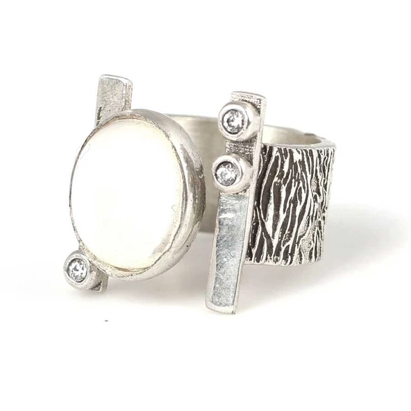 927 Ayar Gümüş Ağaç Kabuğu Desenli Sedef Taşlı Yüzük - 4