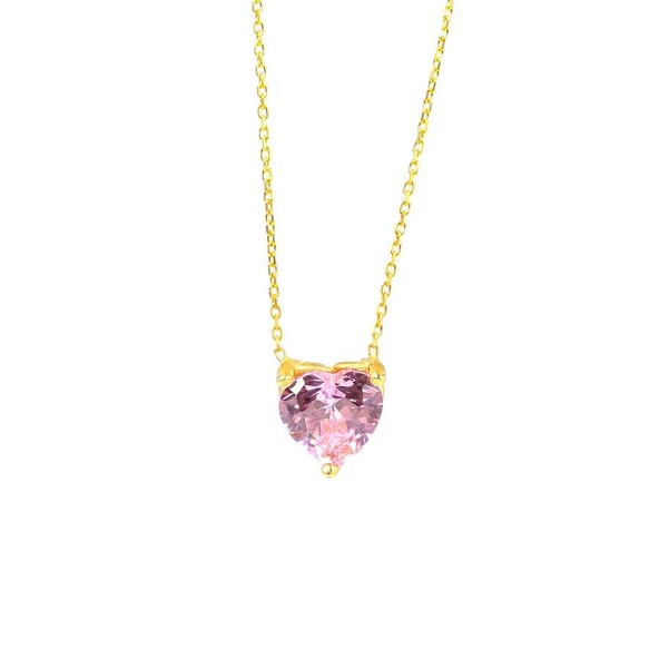 925 Ayar Gümüş Kalp Pembe Kuvars Taşlı Kolye ürün görseli 1