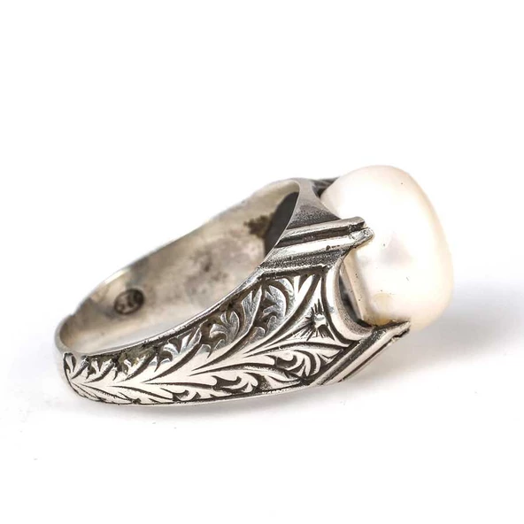 925 Ayar Gümüş Yuvarlak İnci Taşlı İşlemeli Kollu Erkek Yüzük - 3