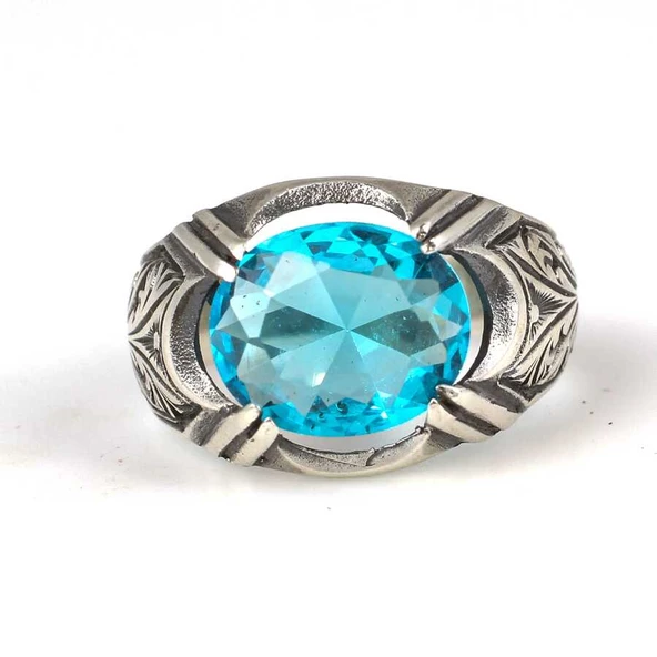 925 Ayar Gümüş Oval Akuamarin Taşlı Erkek Yüzük - 4