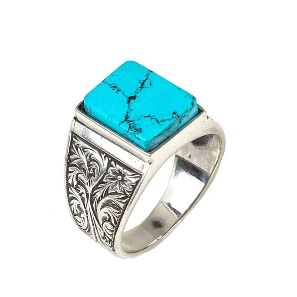 925 Ayar Gümüş Firuze Dikdörtgen Taşlı Erkek Yüzük