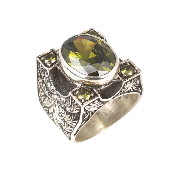 925 Ayar Gümüş Oval Peridot Taşlı Elişi Kalem İşlemeli Erkek Yüzük