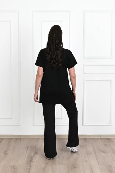 Kadın Bisiklet Yaka Yırtmaç Detaylı Büyük Beden Tshirt 9633-22 - 12