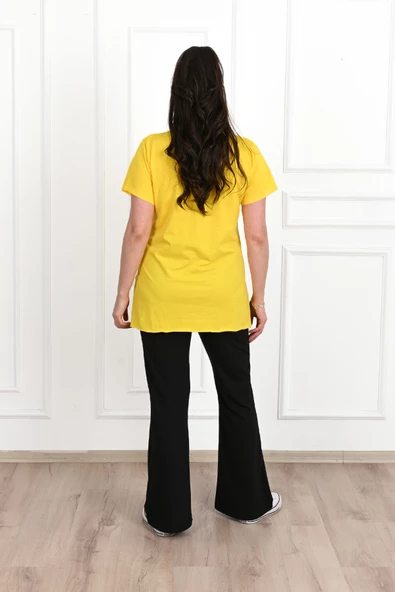 Kadın Bisiklet Yaka Yırtmaç Detaylı Büyük Beden Tshirt 9633-22 - 10