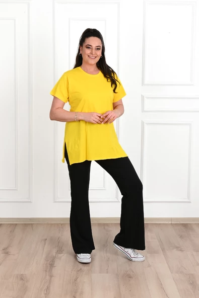 Kadın Bisiklet Yaka Yırtmaç Detaylı Büyük Beden Tshirt 9633-22 - 7