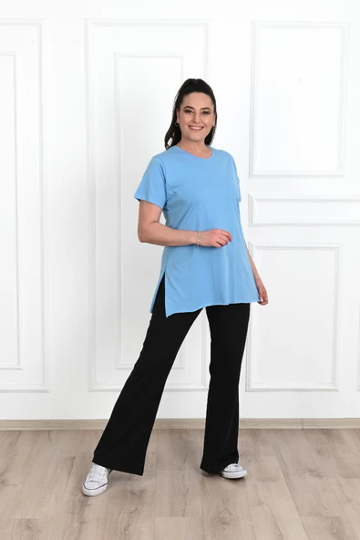 Kadın Bisiklet Yaka Yırtmaç Detaylı Büyük Beden Tshirt 9633-22 - 3