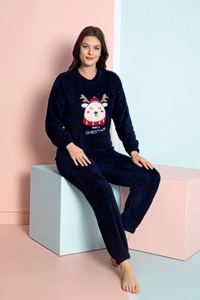 Nisanca Tam Peluş Kışlık Kadın Pijama Takımı- Polar Yılbaşı Pijaması - 6