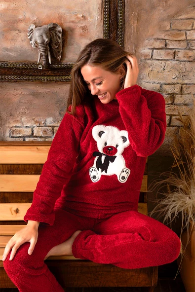 Nisanca Tam Peluş Kışlık Kadın Pijama Takımı- Polar Yılbaşı Pijaması - 12