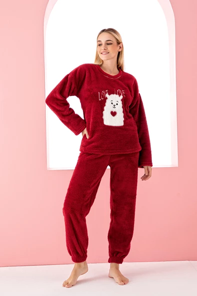 Nisanca Tam Peluş Kışlık Kadın Pijama Takımı- Polar Yılbaşı Pijaması - 8