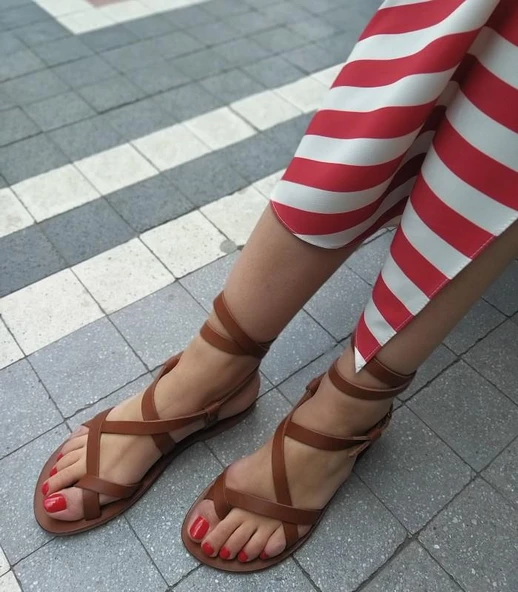 4012 Topukla Kadın Deri Sandalet - 8