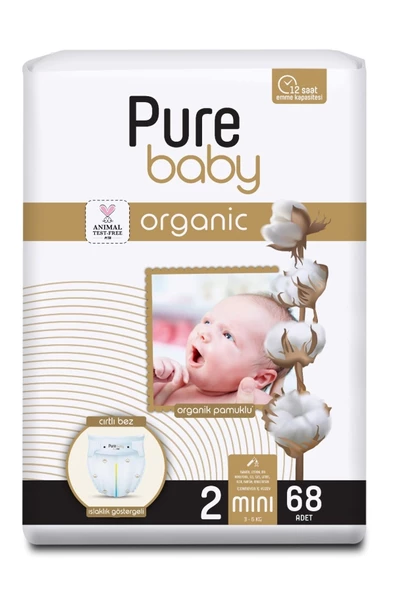 Pure Baby  Organik Pamuklu Cırtlı Bez Tekli Paket 2 Numara Mini 68 Adet - 2