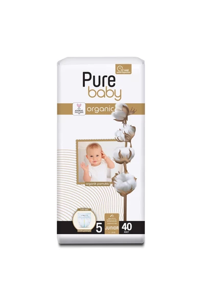 Pure Baby  Organik Pamuklu Cırtlı Bez Tekli Paket 5 Numara Junior 40 Adet - Resim 2