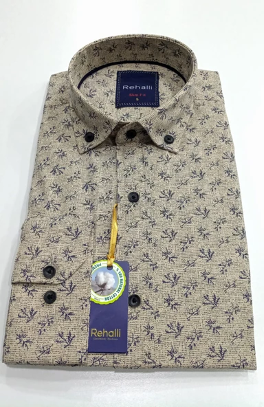 Erkek Gömlek Slim Fitt Pamuklu Yaprak Desenli Rehalli BGL-ST00802 - Resim 6