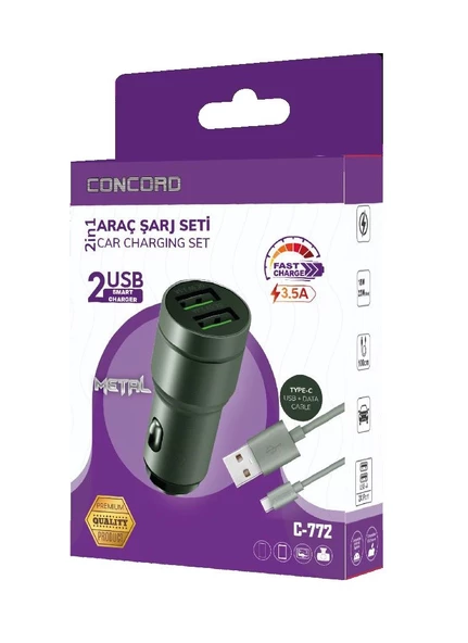 Concord C-772 Type-C Kablo ve Metal Başlık Hızlı Araç Şarj Seti 2.4 + 3.5A 23W - 2