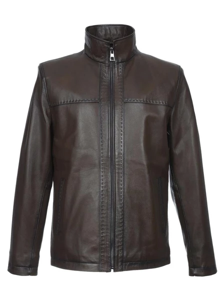 Punto Dikişli Klasik Spor Erkek Deri Mont Fındık Renk - 7