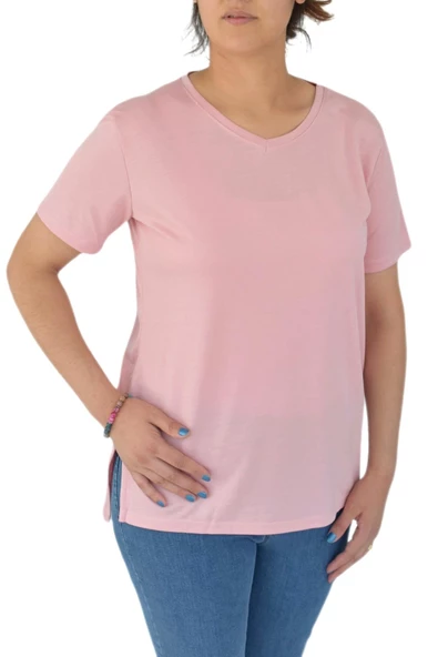 Kadın V Yaka Ön Kısa Arka Uzun Tişört BGL-ST02088 - Resim 4