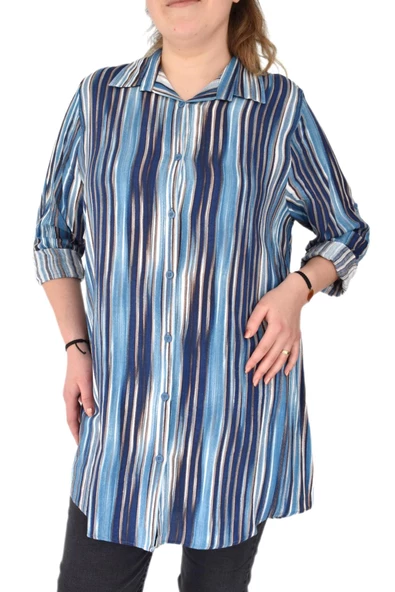 Kadın Mavi Çizğili Kol Kıvırmalı Tunik BGL-ST02105 - Resim 2