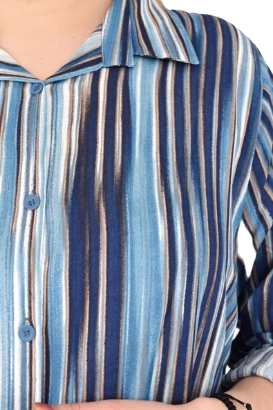 Kadın Mavi Çizğili Kol Kıvırmalı Tunik BGL-ST02105 - Resim 5