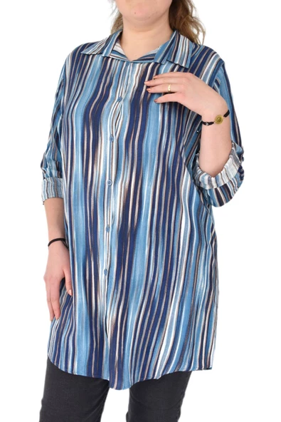Kadın Mavi Çizğili Kol Kıvırmalı Tunik BGL-ST02105 - Resim 3