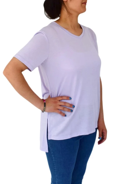 Kadın V Yaka Ön Kısa Arka Uzun Tişört BGL-ST02088 - Resim 5