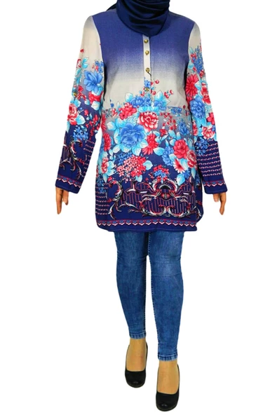 Kadın Lacivert Çiçekli Tunik AKR303 - Resim 3