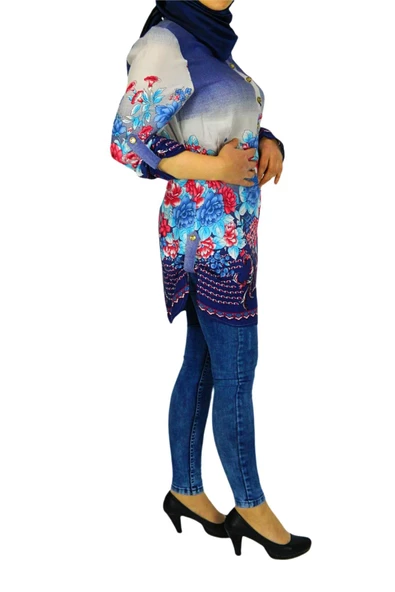 Kadın Lacivert Çiçekli Tunik AKR303 - Resim 4