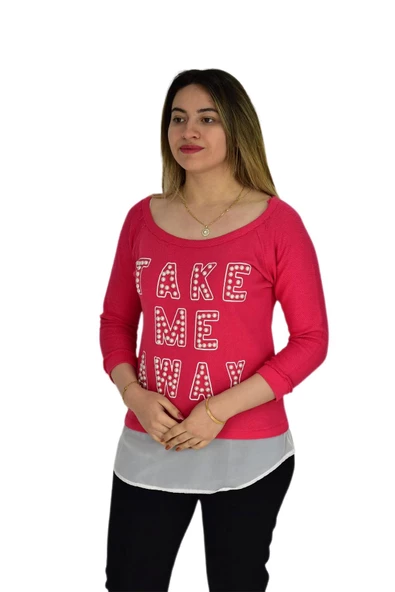 Kadın Boncuk İşli Kayık Yaka Sweat BRG-37415 - 9