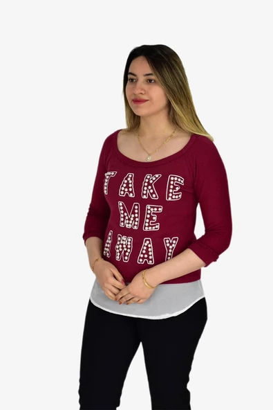 Kadın Boncuk İşli Kayık Yaka Sweat BRG-37415 - 6