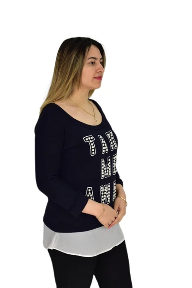 Kadın Boncuk İşli Kayık Yaka Sweat BRG-37415 - 11