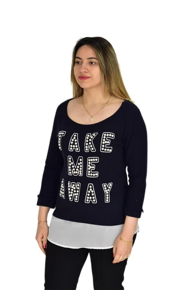 Kadın Boncuk İşli Kayık Yaka Sweat BRG-37415 - 7