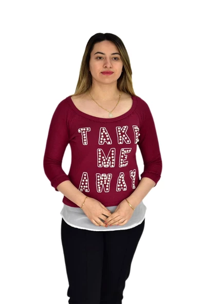Kadın Boncuk İşli Kayık Yaka Sweat BRG-37415 - 2