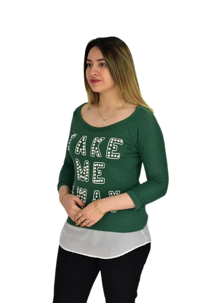 Kadın Boncuk İşli Kayık Yaka Sweat BRG-37415 - 8