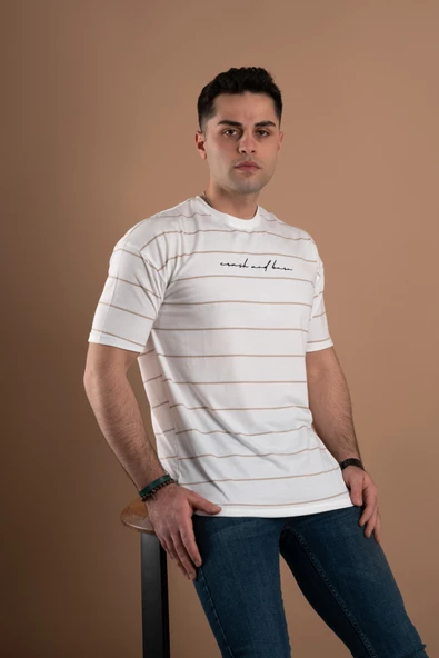 OVERSİZE ÇİZGİLİ SIFIR YAKA ERKEK PENYE T-SHİRT - Resim 3