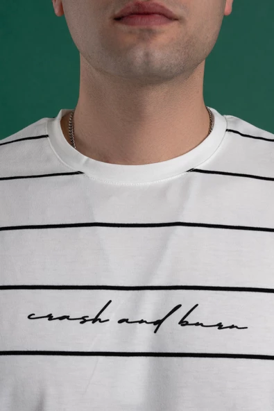 OVERSİZE ÇİZGİLİ SIFIR YAKA ERKEK PENYE T-SHİRT - Resim 8