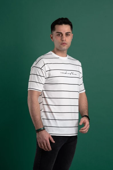 OVERSİZE ÇİZGİLİ SIFIR YAKA ERKEK PENYE T-SHİRT - Resim 7