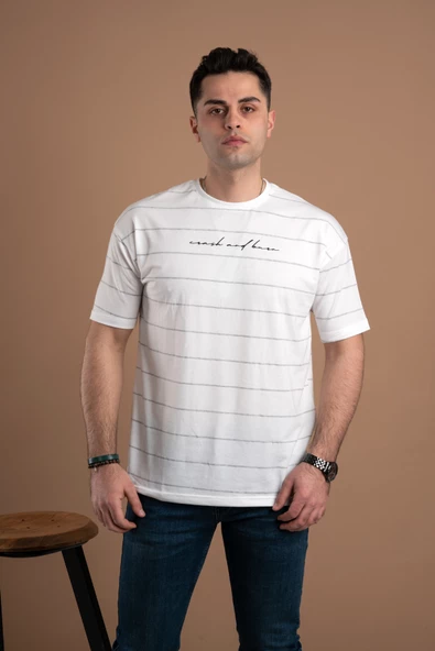 OVERSİZE ÇİZGİLİ SIFIR YAKA ERKEK PENYE T-SHİRT - Resim 11