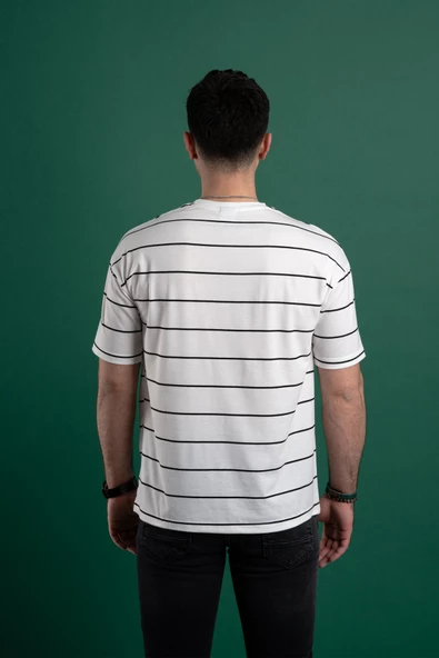 OVERSİZE ÇİZGİLİ SIFIR YAKA ERKEK PENYE T-SHİRT - Resim 9