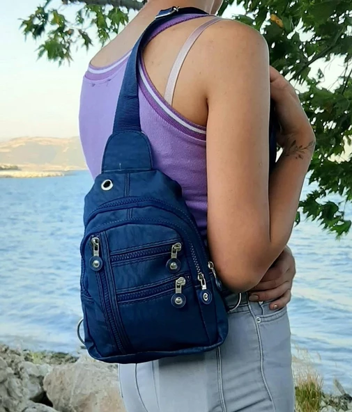 Fiyra bb1 Lacivert Krinkıl Kumaş Beş Bölmeli  Body Bag Bayan Çanta - 2