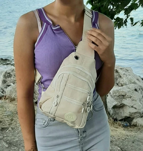 Fiyra bb1 Krem Beyaz Krinkıl Kumaş Beş Bölmeli  Body Bag  Çanta - Resim 4